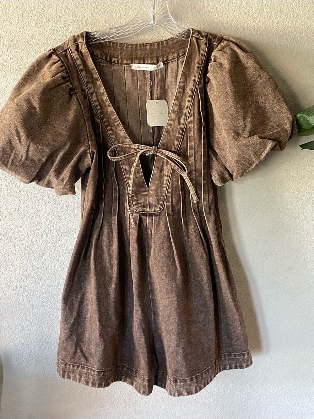 Altar’d State Vintage-Inspired Brown Puff-Sleeve Women's Romper NWT